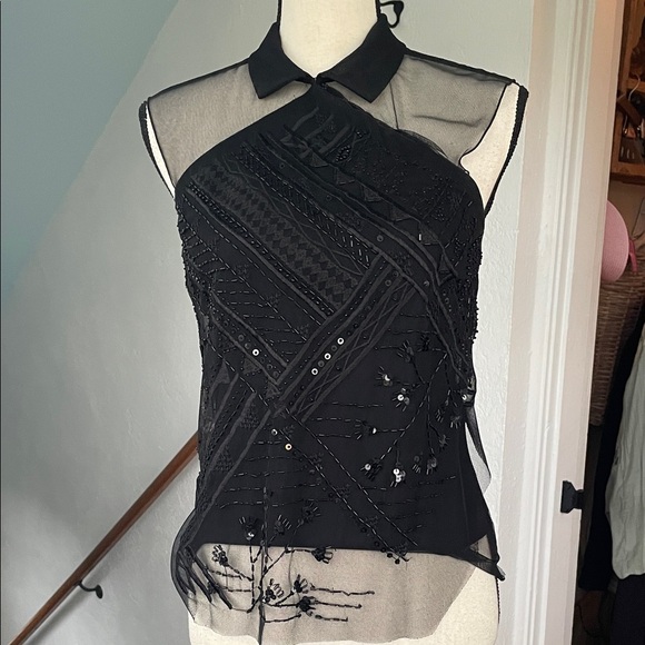 Vivienne Tam RARE Vintage Collared Halter Black Sheer Hand Sequined Womens Top 2 - Picture 2 of 12